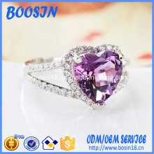 Anel de prata 925 em coração de cristal roxo barato personalizado para casamento